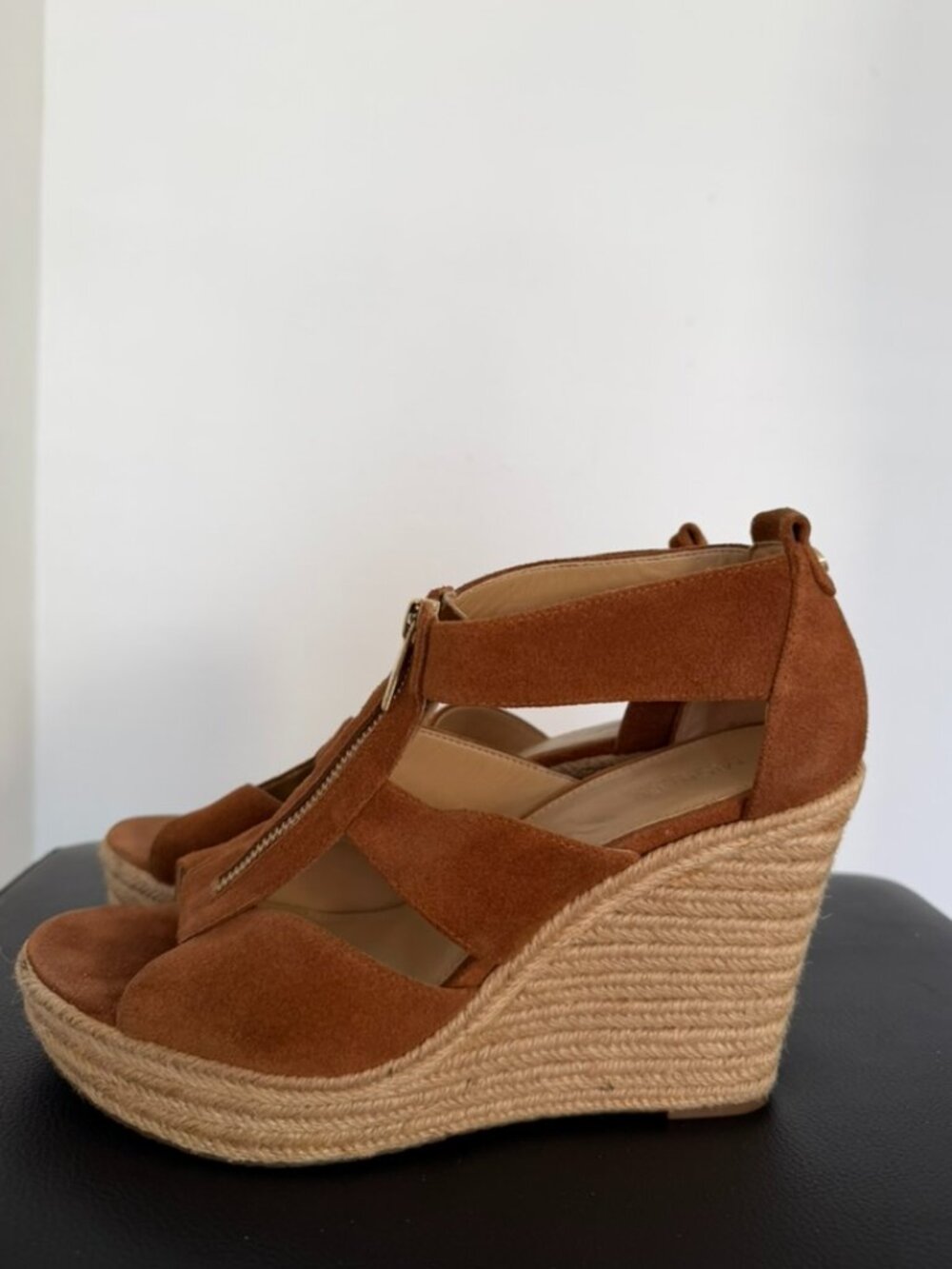 Michael Kors Damita Suede Espadrille Wedge Sandals Zip Front Luggage Brown 9.5